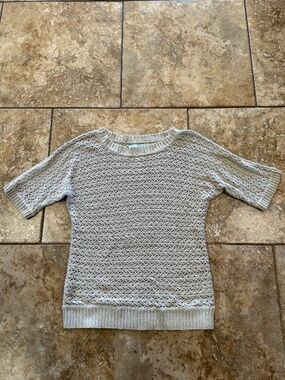 Open knit tan beige short sleeve ladies womens sweater size small top blouse